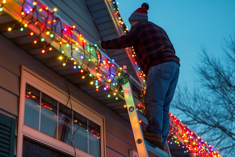 installing christmas lights on a roof